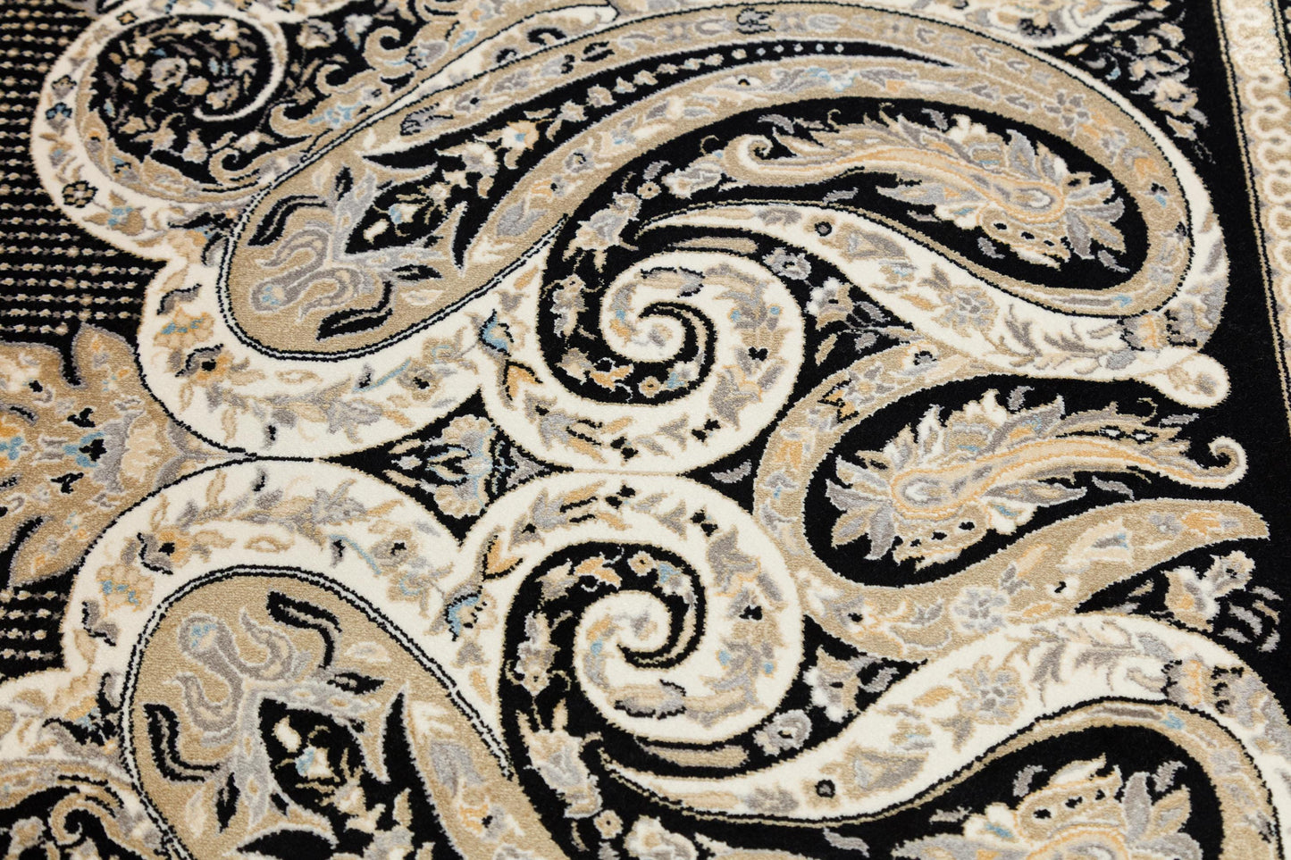 10x13 ft, Black Classic Silk Rug with paisley desing on the border, fine fringes