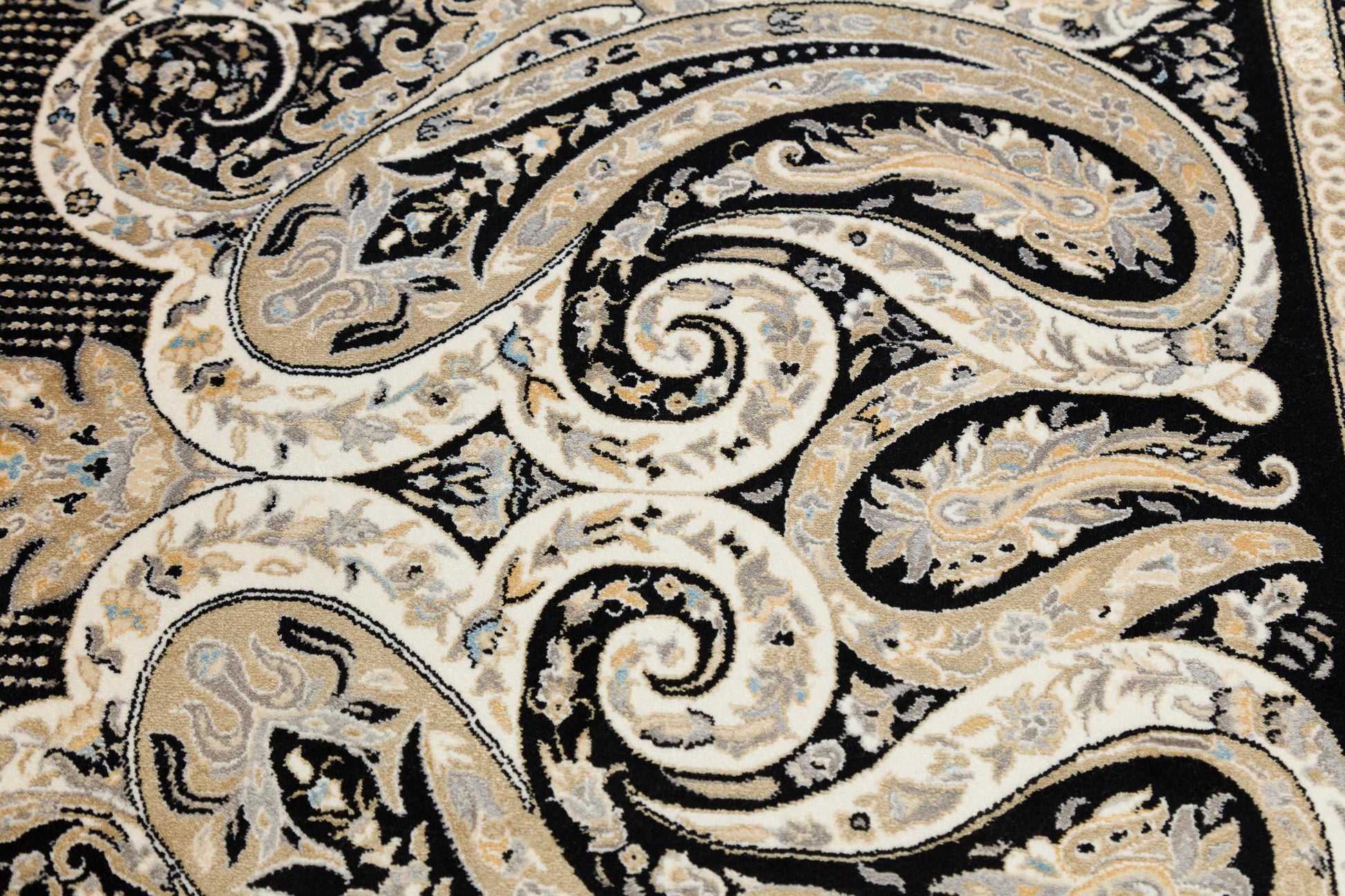 10x13 ft, Black Classic Silk Rug with paisley desing on the border, fine fringes