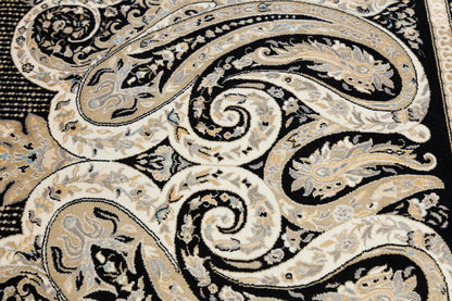 10x13 ft, Black Classic Silk Rug with paisley desing on the border, fine fringes