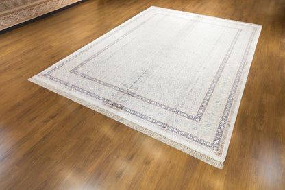 10x13 ft, Classic Blue Silk Rug: Oriental blue fine carpet with Fringes