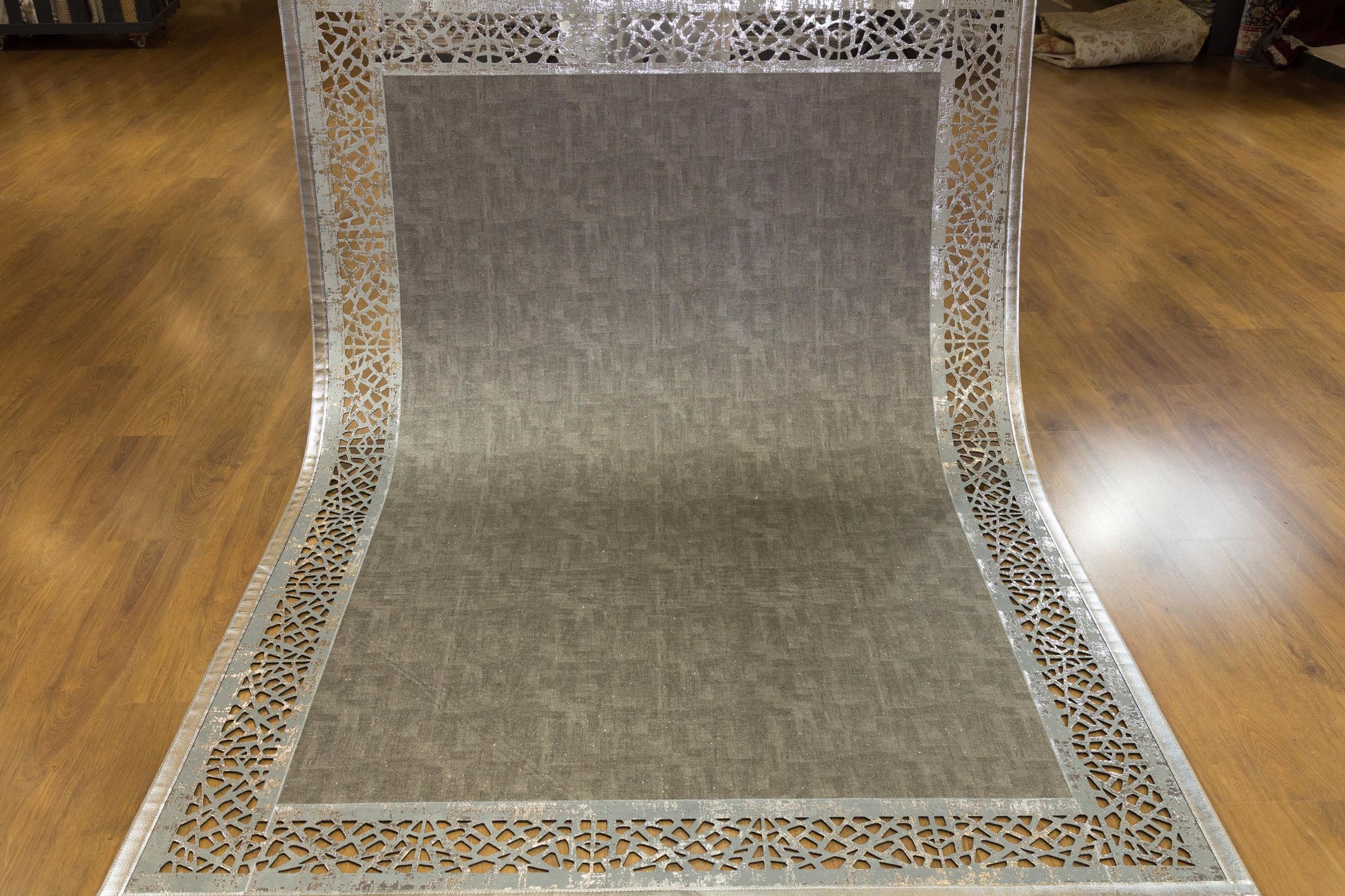 Laser Cut Faux Leather Rug: Modern Geometric Border, Turkish Floor Decor (5x7ft)