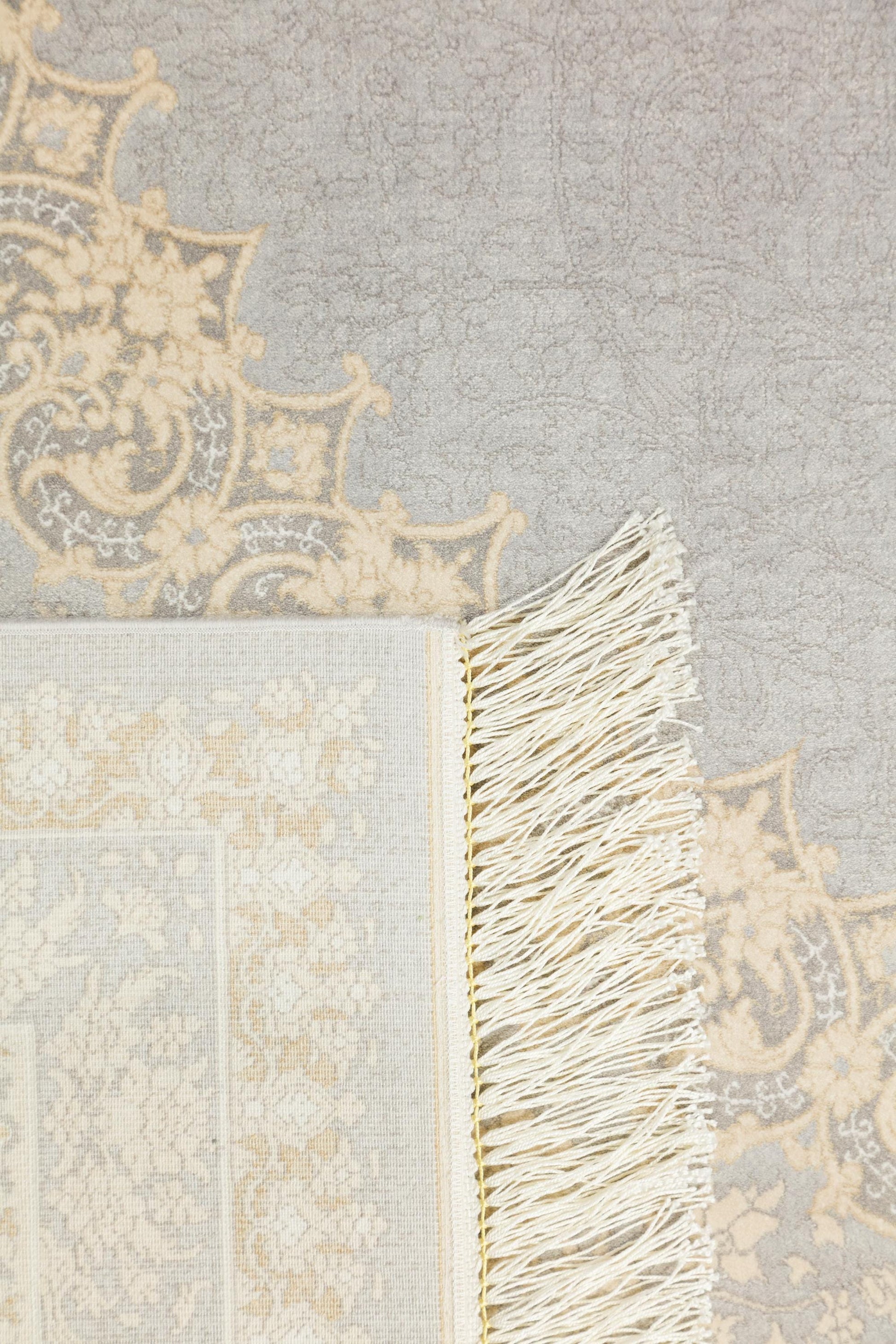 10x13 ft, Beige Silk Rug with medallion design: Classic oriental carpet with fine Fringes