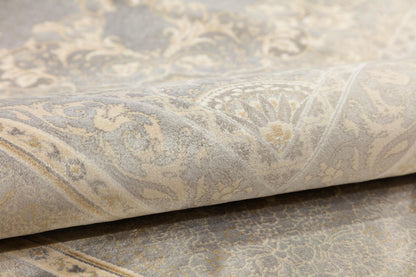 10x13 ft, Beige Silk Rug with medallion design: Classic oriental carpet with fine Fringes
