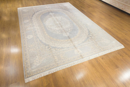 10x13 ft, Beige Silk Rug with medallion design: Classic oriental carpet with fine Fringes