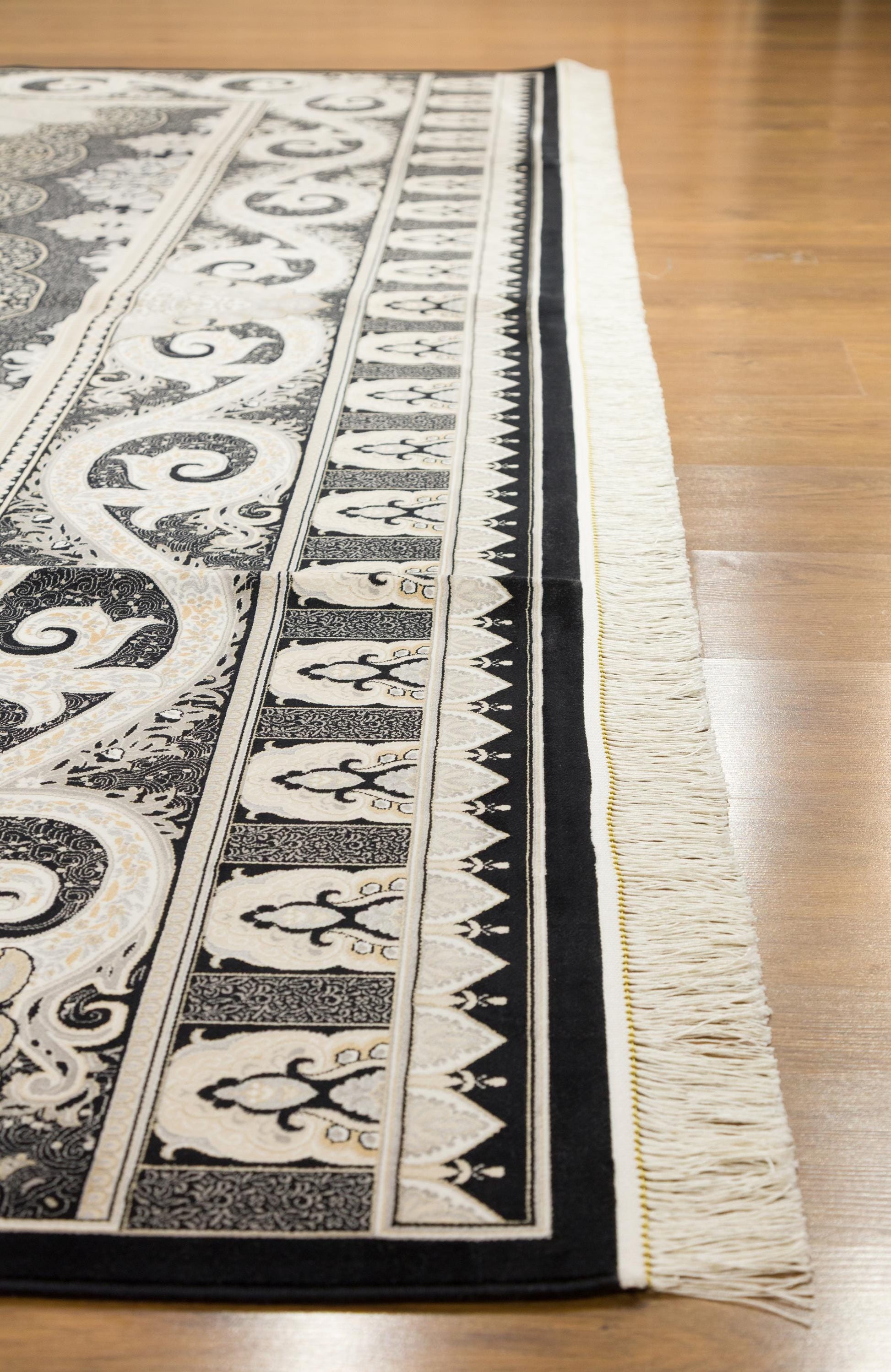 10x13 ft, Black Classic oriental Silk Rug: Fine Medallion Carpet with fringes