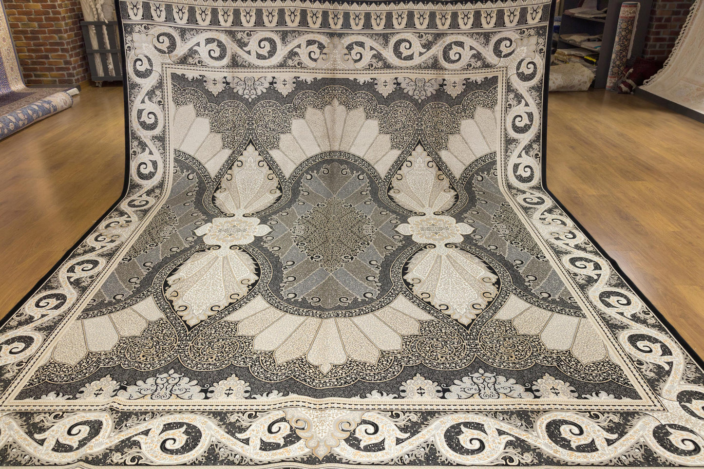 10x13 ft, Black Classic oriental Silk Rug: Fine Medallion Carpet with fringes