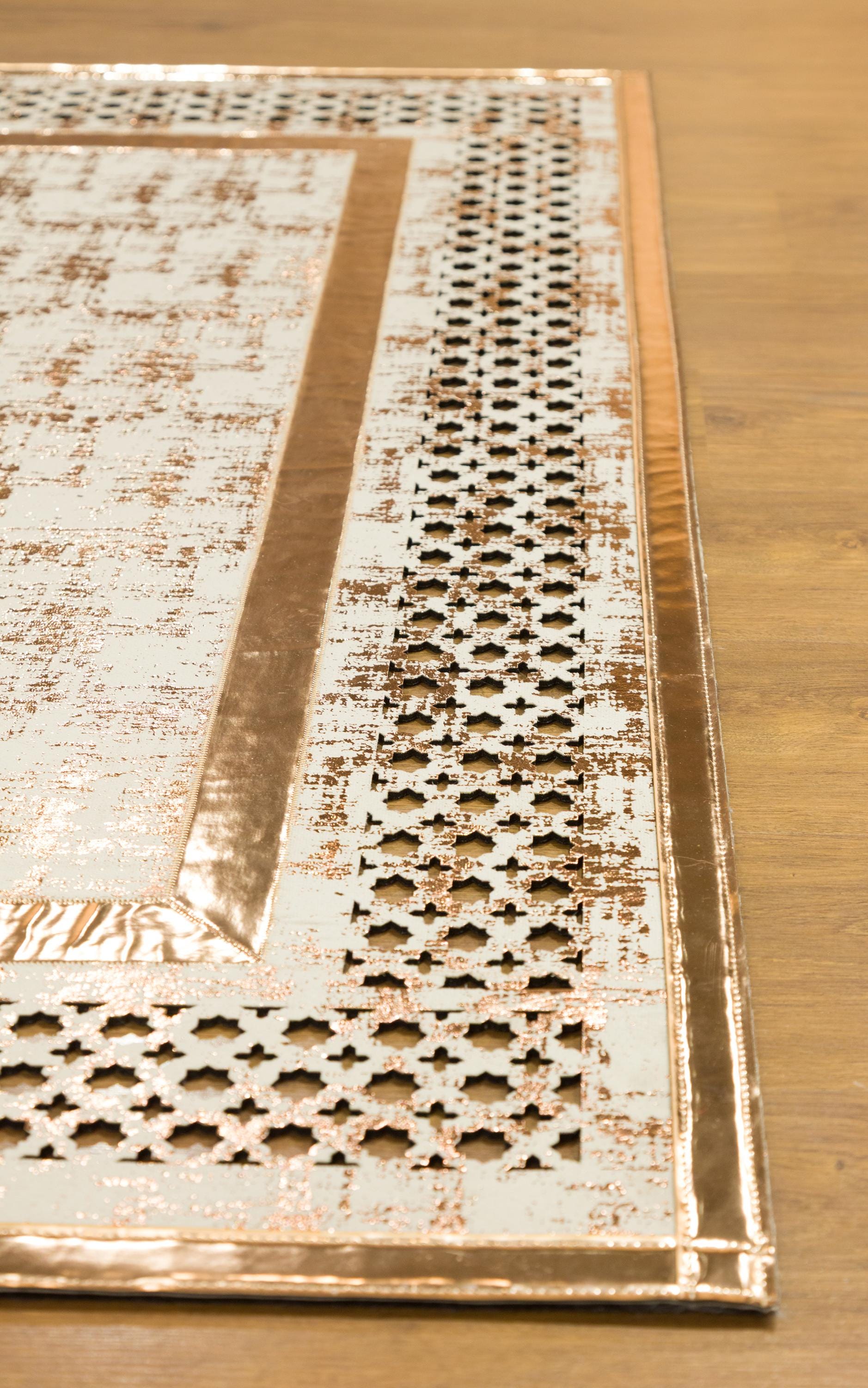 Metallic Rose Gold Geometric Rug: 5x7ft Laser Cut Faux Leather Carpet
