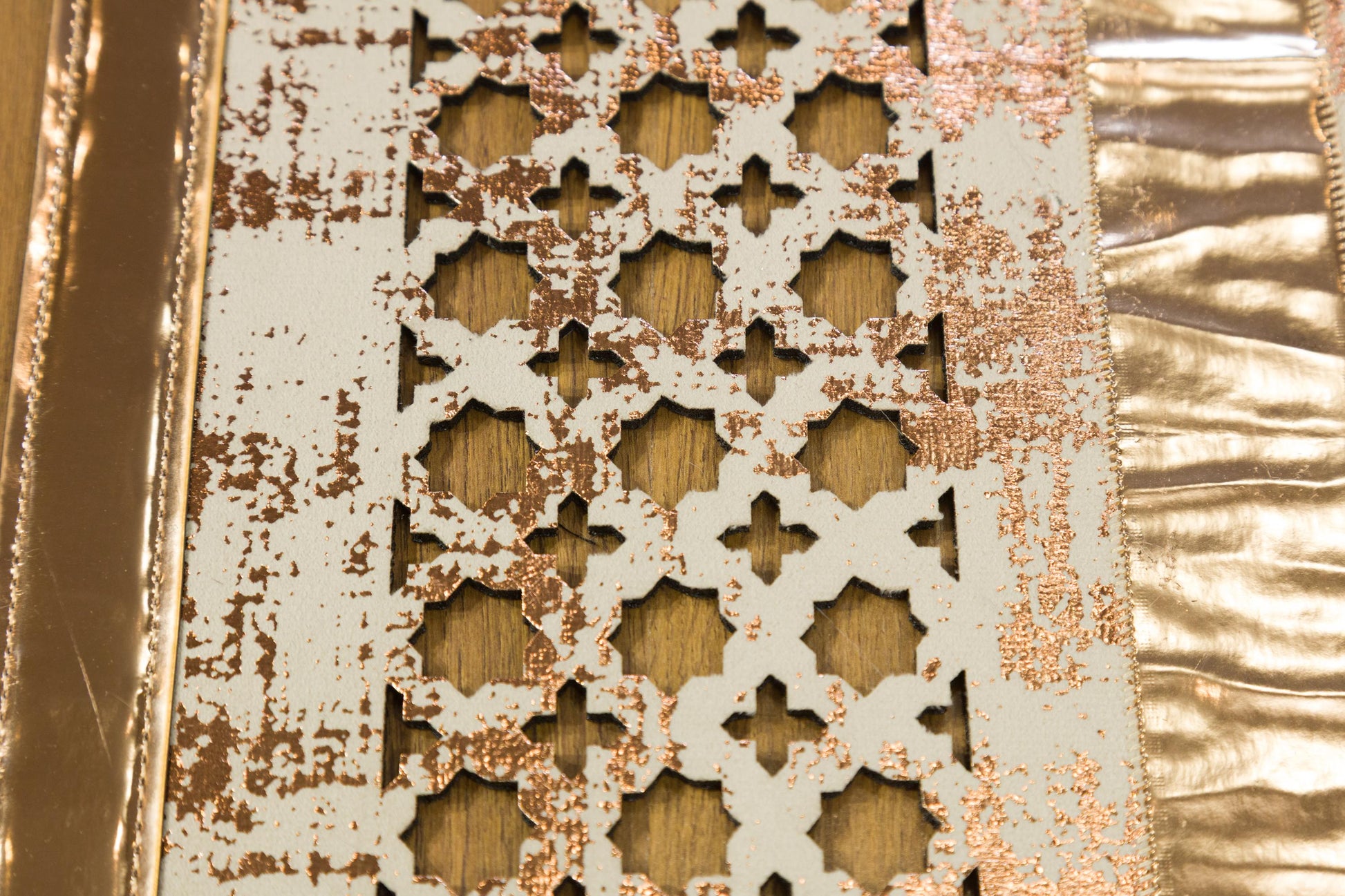 Metallic Rose Gold Geometric Rug: 5x7ft Laser Cut Faux Leather Carpet