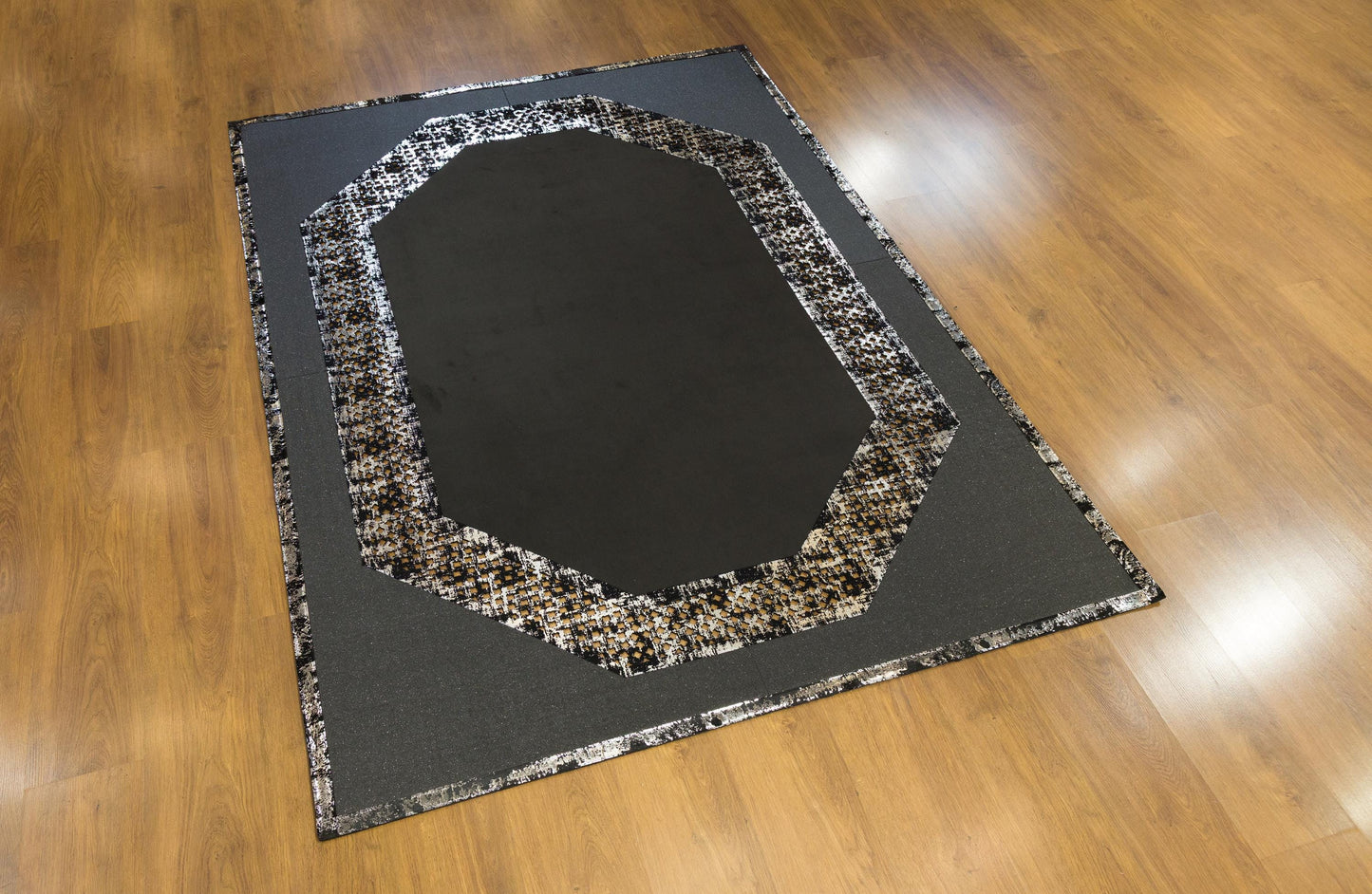 Octagon Faux Leather Rug: 5x7ft Black Modern Laser-Cut Carpet