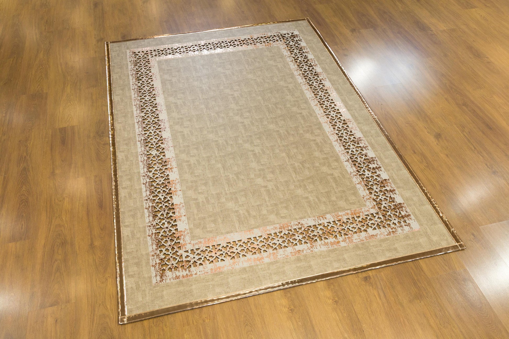 Beige Faux Leather Rug: 5x7ft Laser Cut Geometric Turkish Carpet