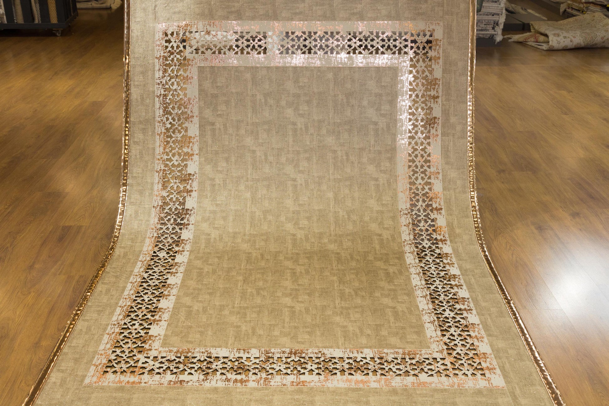 Beige Faux Leather Rug: 5x7ft Laser Cut Geometric Turkish Carpet