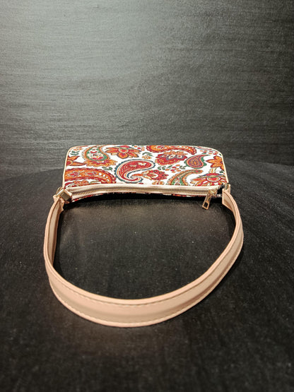 Turkish Gobelin Shoulder Bag – Paisley Floral Tapestry Purse with Beige Strap - 19x30 cm