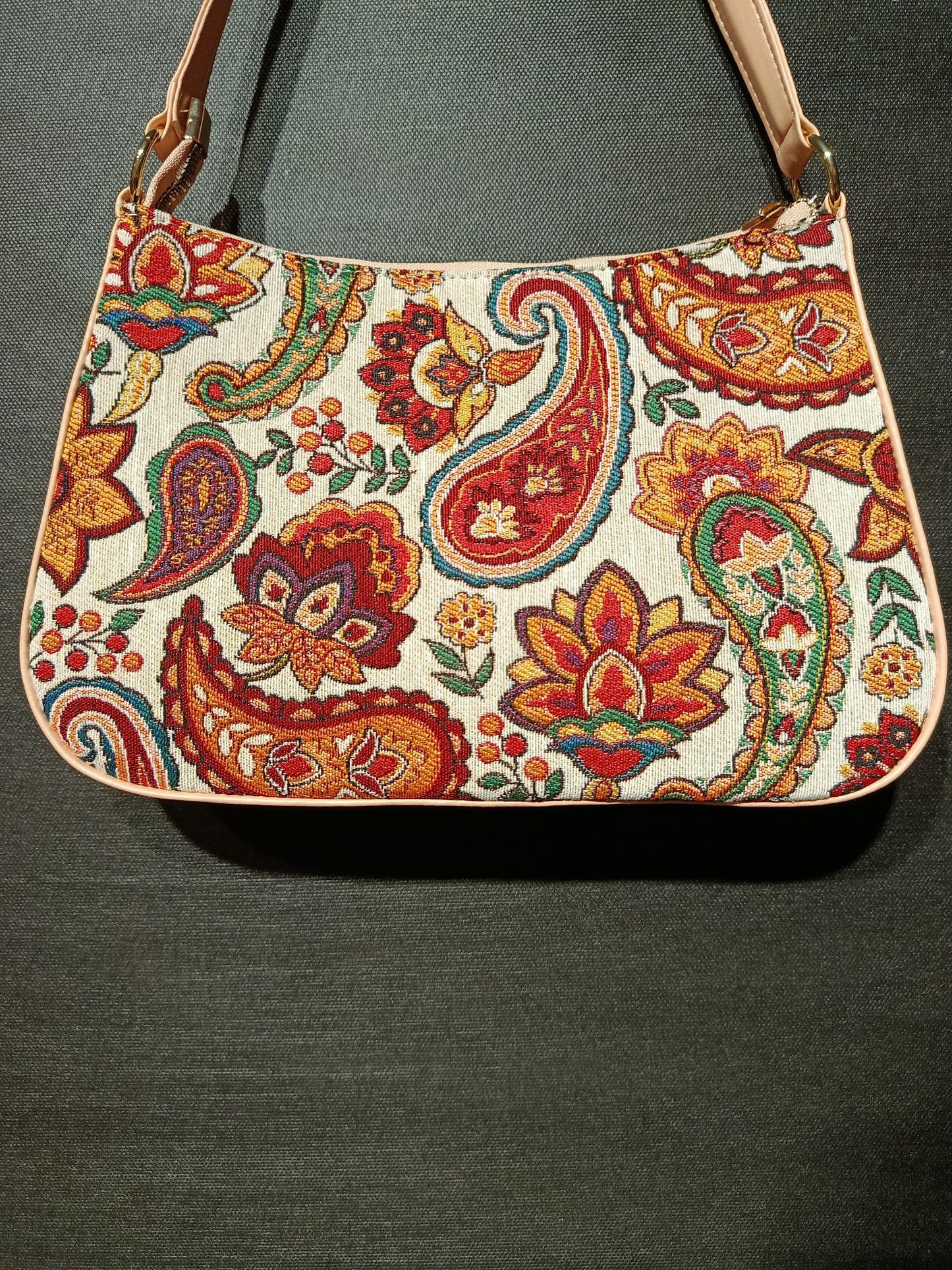 Turkish Gobelin Shoulder Bag – Paisley Floral Tapestry Purse with Beige Strap - 19x30 cm