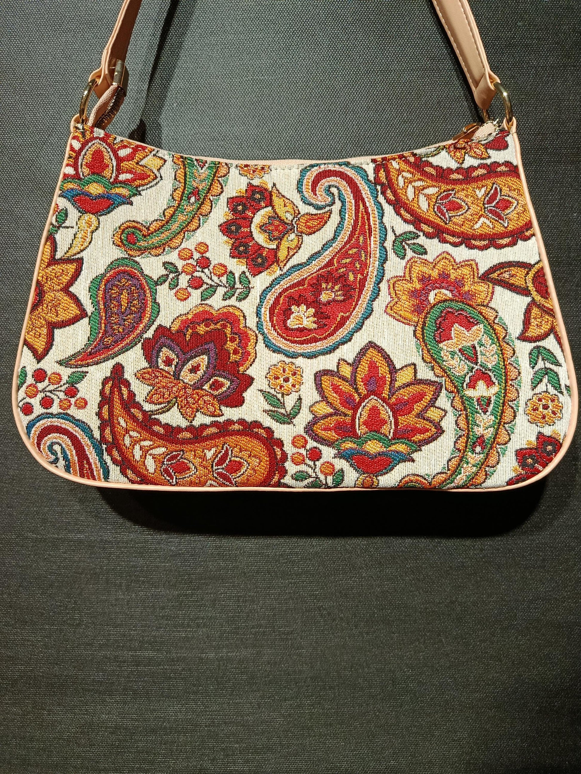 Turkish Gobelin Shoulder Bag – Paisley Floral Tapestry Purse with Beige Strap - 19x30 cm