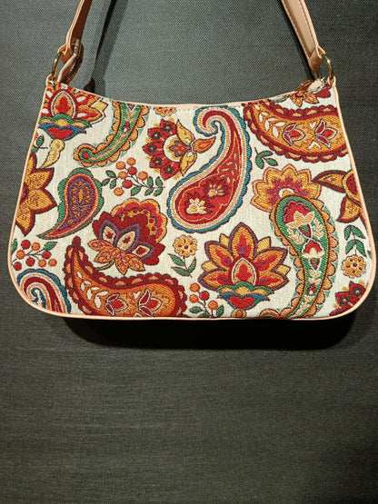 Turkish Gobelin Shoulder Bag – Paisley Floral Tapestry Purse with Beige Strap - 19x30 cm