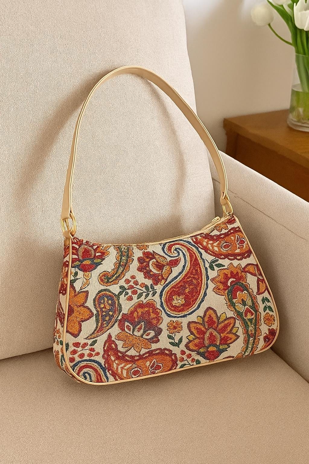 Turkish Gobelin Shoulder Bag – Paisley Floral Tapestry Purse with Beige Strap - 19x30 cm