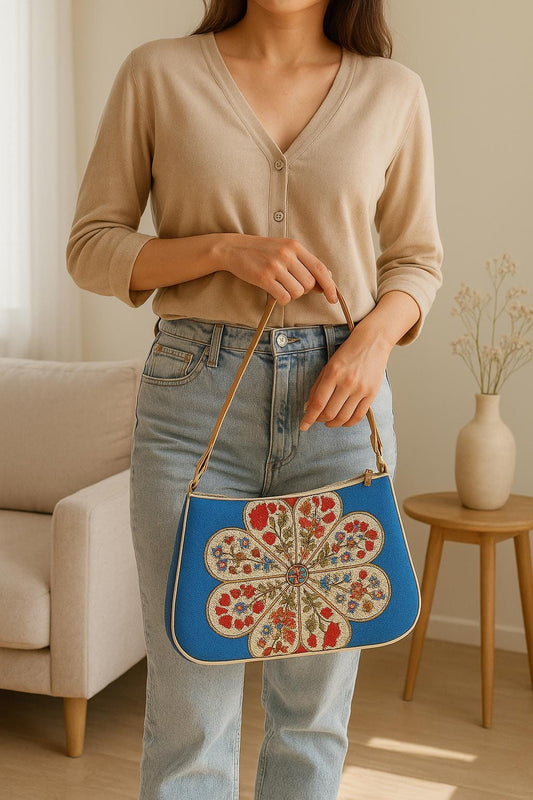 Blue Gobelin Floral Shoulder Bag: Turkish Embroidered Tapestry Purse