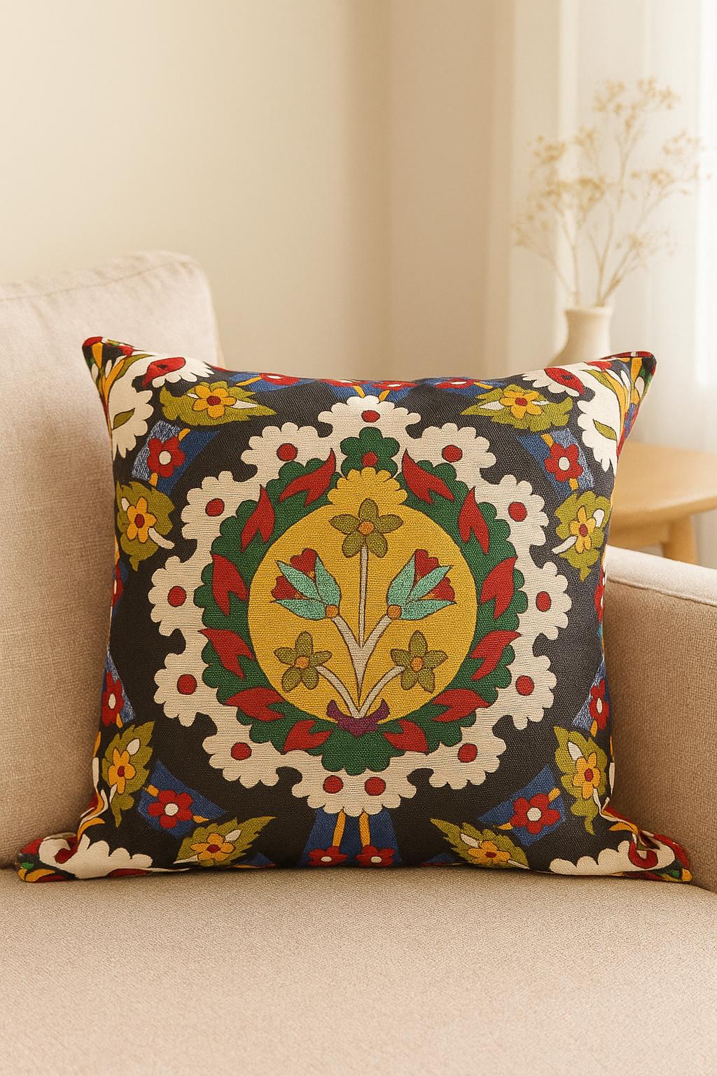 40x40 cm Turkish Gobelin Pillow Cover – Traditional Floral Medallion Cushion Case