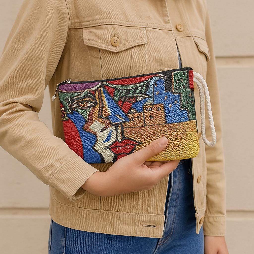 Handmade Tapestry Purse: Abstract Face Design, Small Clutch Bag