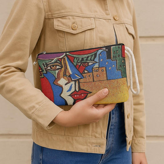 Handmade Tapestry Purse: Abstract Face Design, Small Clutch Bag