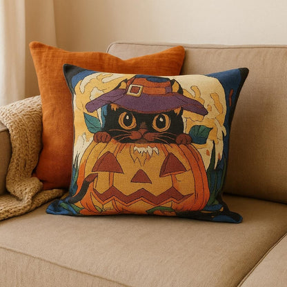 Halloween Cat Pillow Cover: Woven Gobelin Witch Hat & Pumpkin - 40x40 cm