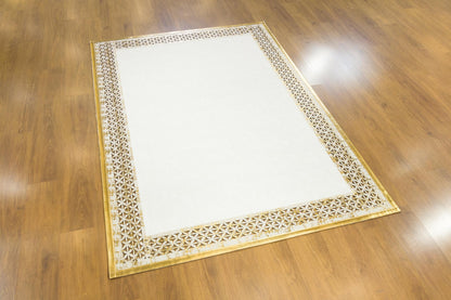 White Faux Leather Rug: Gold Laser-Cut Border, Modern Vegan Carpet