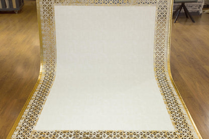 White Faux Leather Rug: Gold Laser-Cut Border, Modern Vegan Carpet