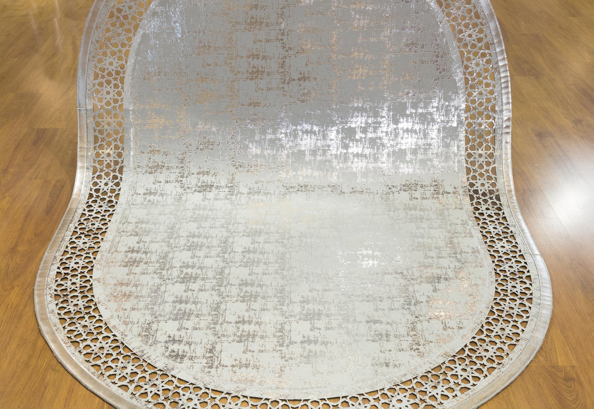 Laser Cut Faux Leather Rug: Beige Geometric Turkish Carpet, 5x7 ft