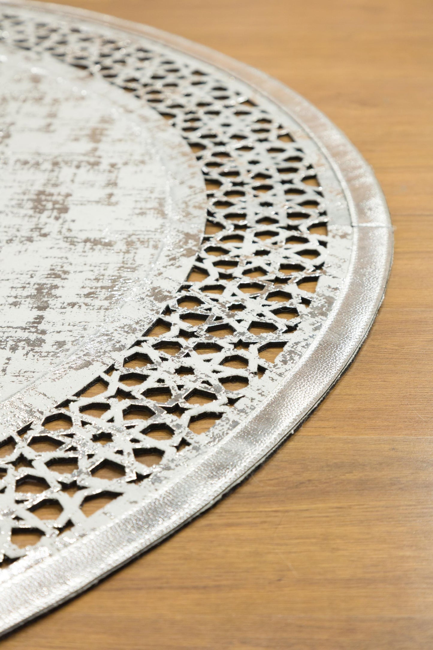Laser Cut Faux Leather Rug: Beige Geometric Turkish Carpet, 5x7 ft