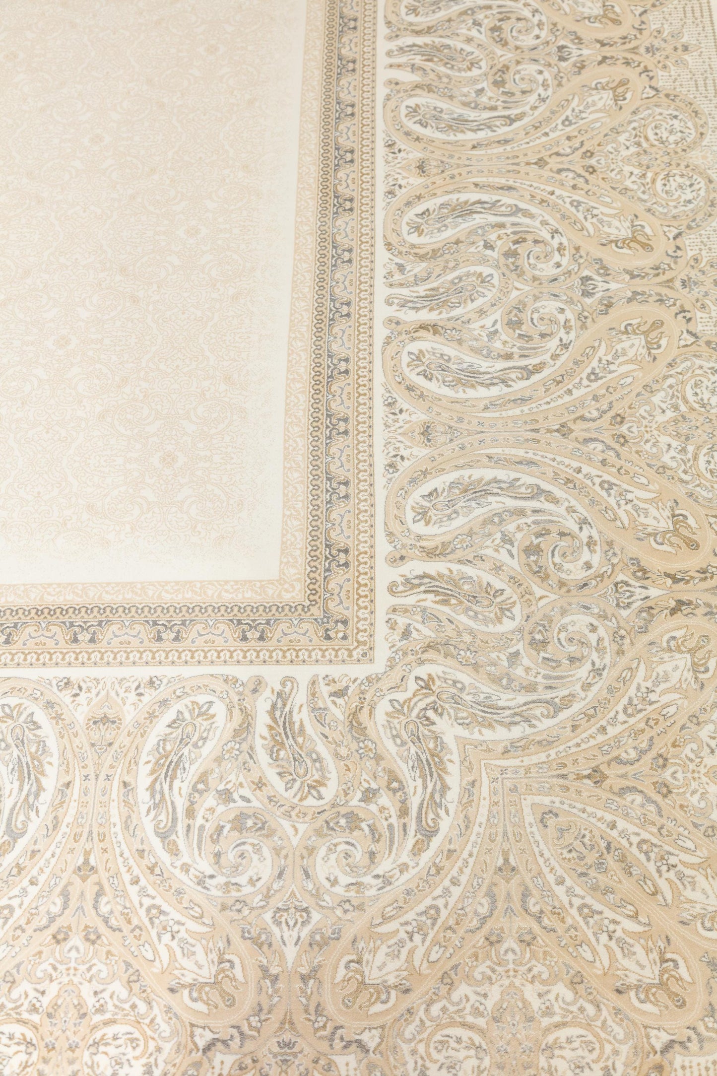 8x11 ft, Beige Classic Silk Rug with paisley desing on the border, fine fringes