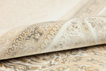 8x11 ft, Beige Classic Silk Rug with paisley desing on the border, fine fringes