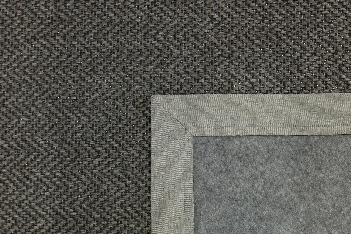 Modern Charcoal Area Rug: Gray Fabric Border, Flatweave Jute Rug