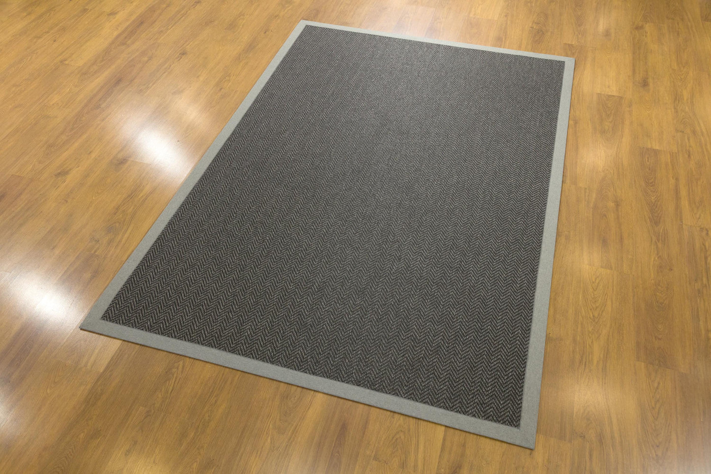 Modern Charcoal Area Rug: Gray Fabric Border, Flatweave Jute Rug