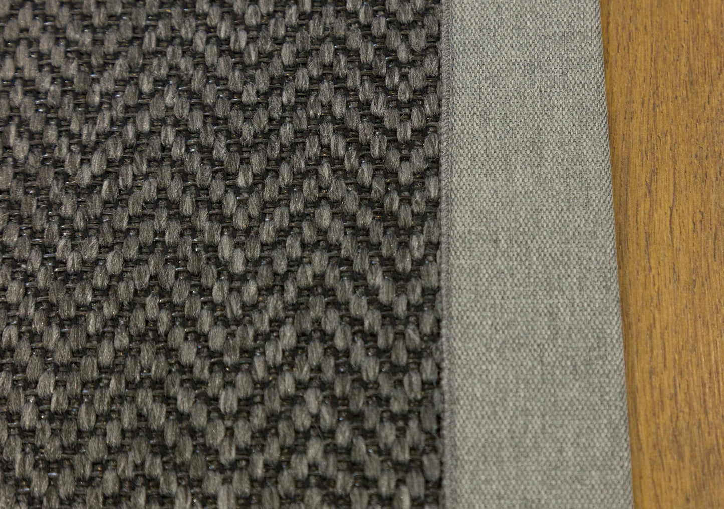 Modern Charcoal Area Rug: Gray Fabric Border, Flatweave Jute Rug