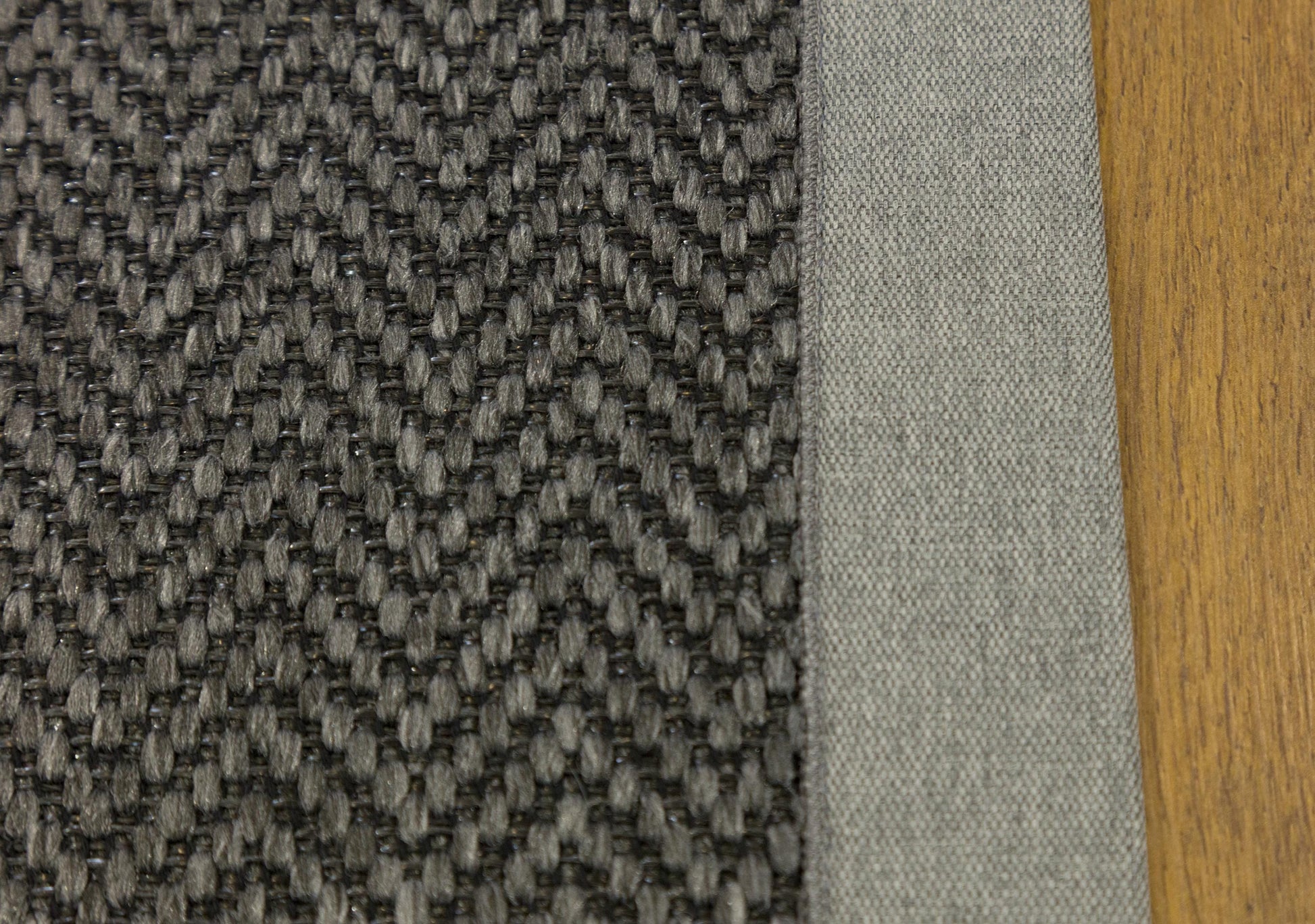 Modern Charcoal Area Rug: Gray Fabric Border, Flatweave Jute Rug