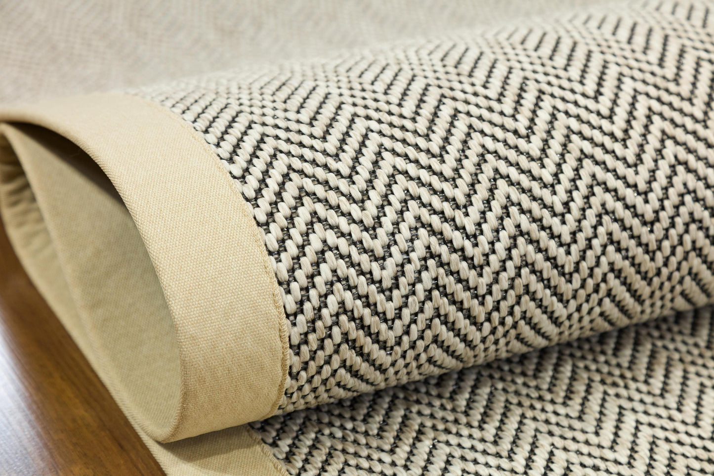 Modern Light Beige Area Rug: Cream Border, Herringbone Flatweave