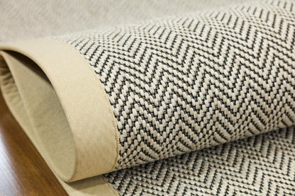 Modern Light Beige Area Rug: Cream Border, Herringbone Flatweave