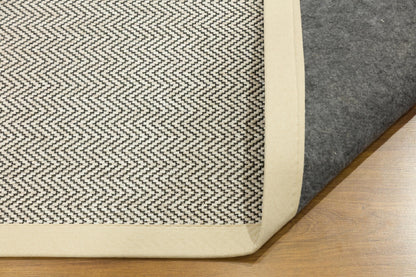 Modern Light Beige Area Rug: Cream Border, Herringbone Flatweave