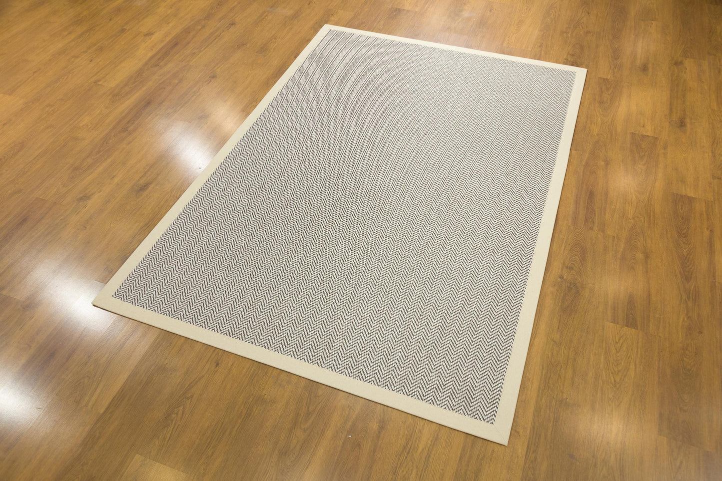 Modern Light Beige Area Rug: Cream Border, Herringbone Flatweave