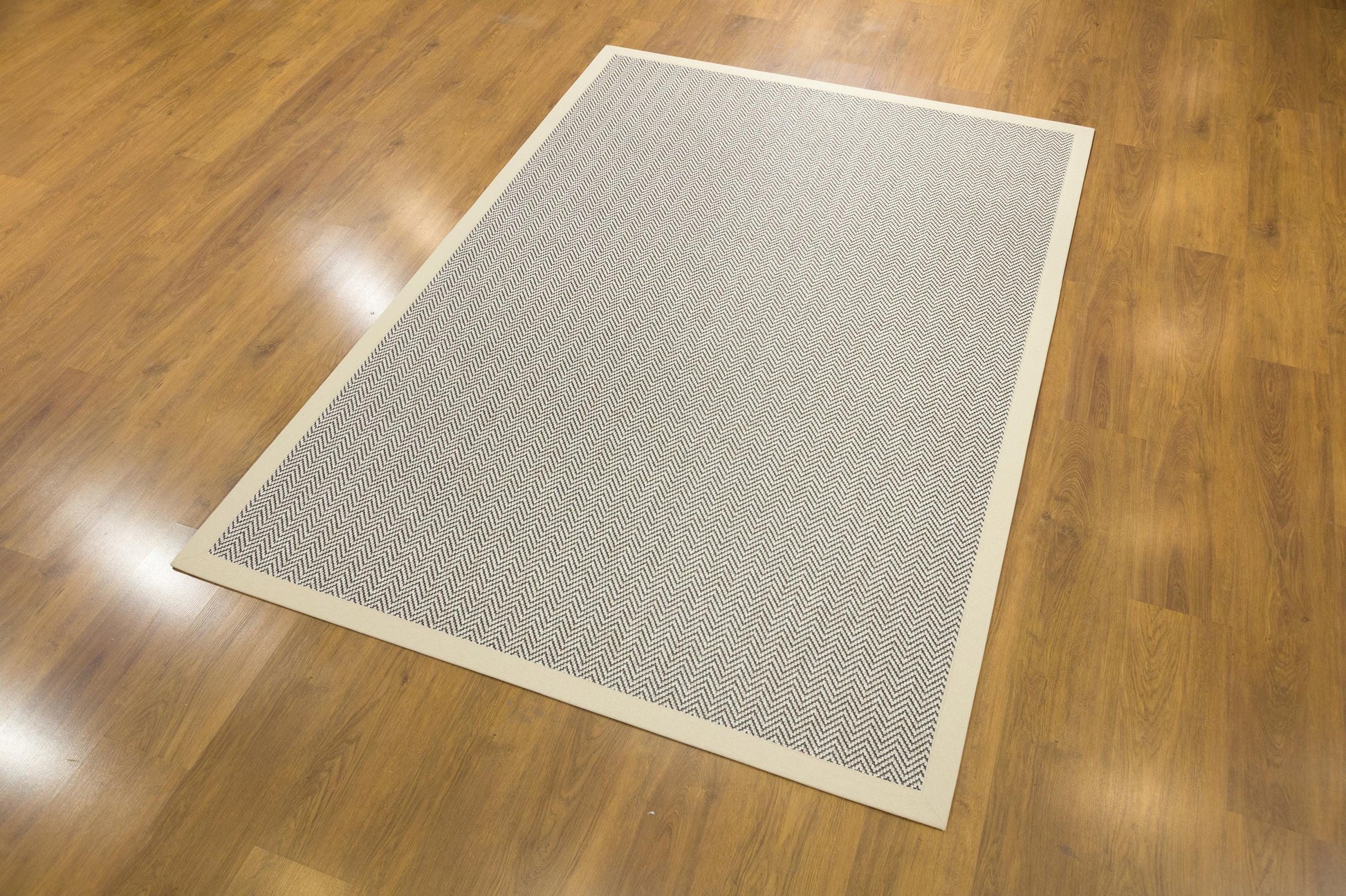 Modern Light Beige Area Rug: Cream Border, Herringbone Flatweave