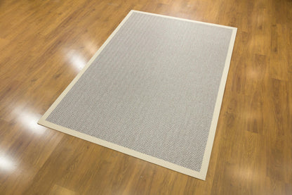 Modern Light Beige Area Rug: Cream Border, Herringbone Flatweave