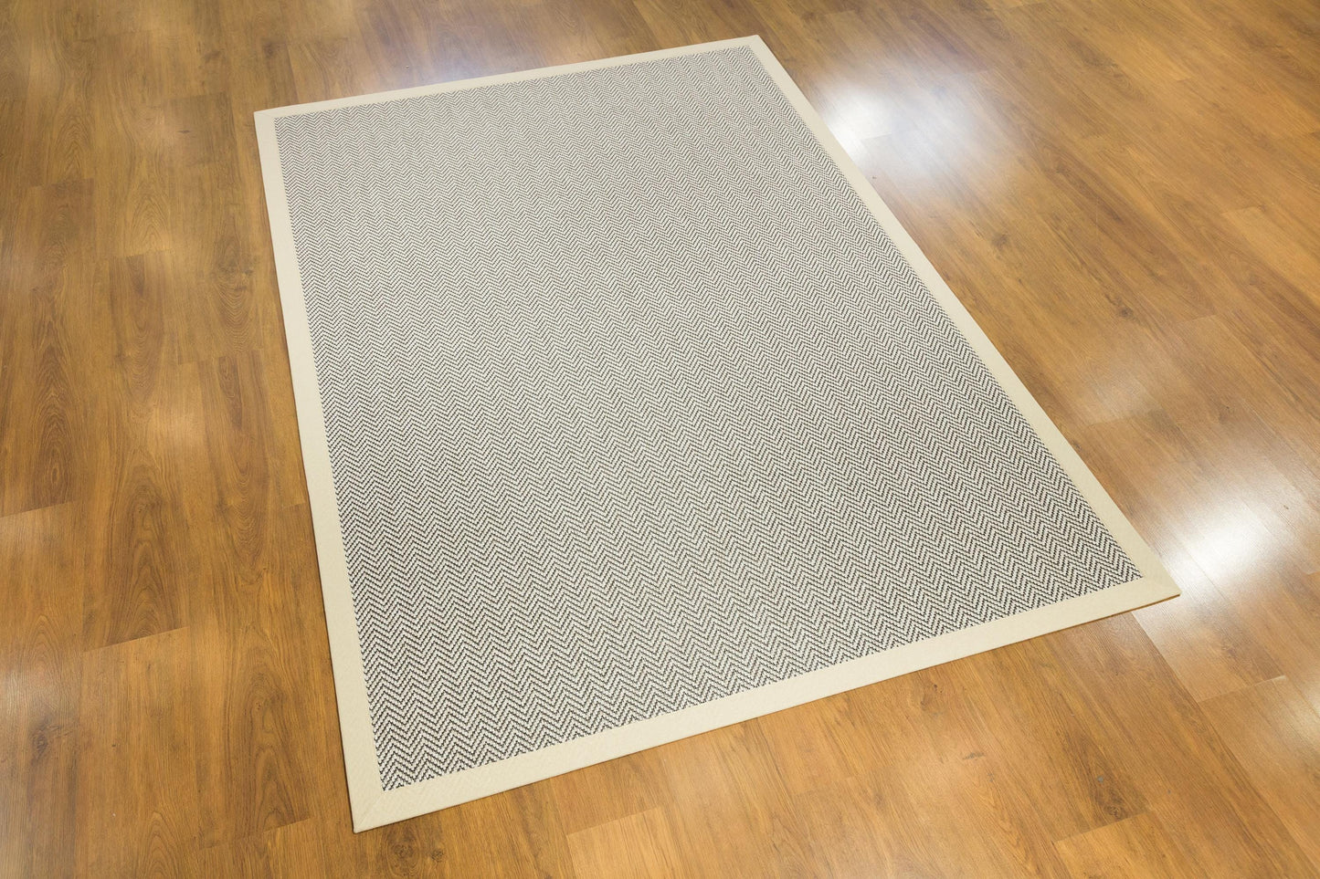 Modern Light Beige Area Rug: Cream Border, Herringbone Flatweave
