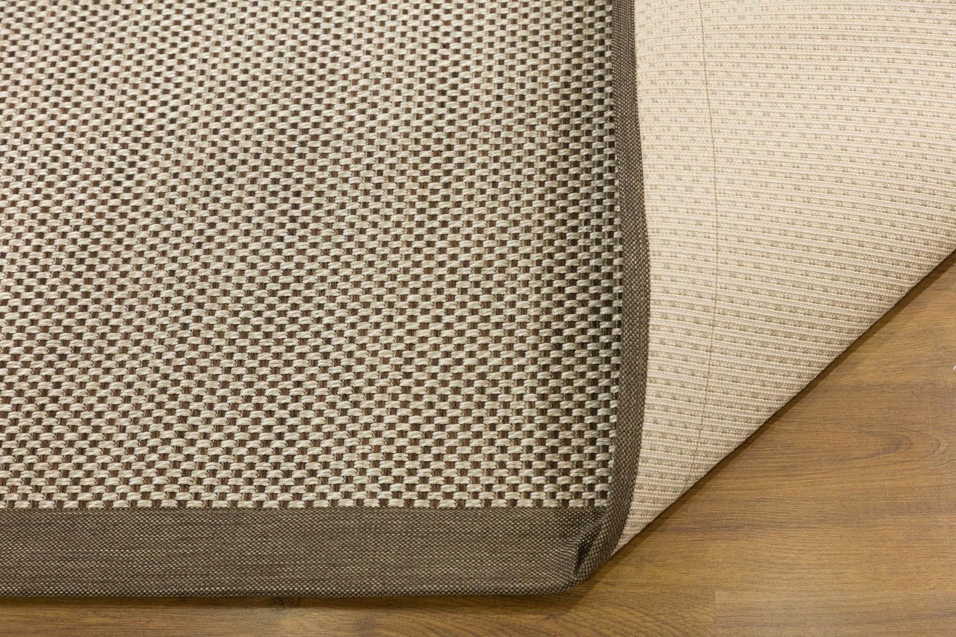 Modern Beige Flatweave Rug: Taupe Border, Checkered Texture, 5x7