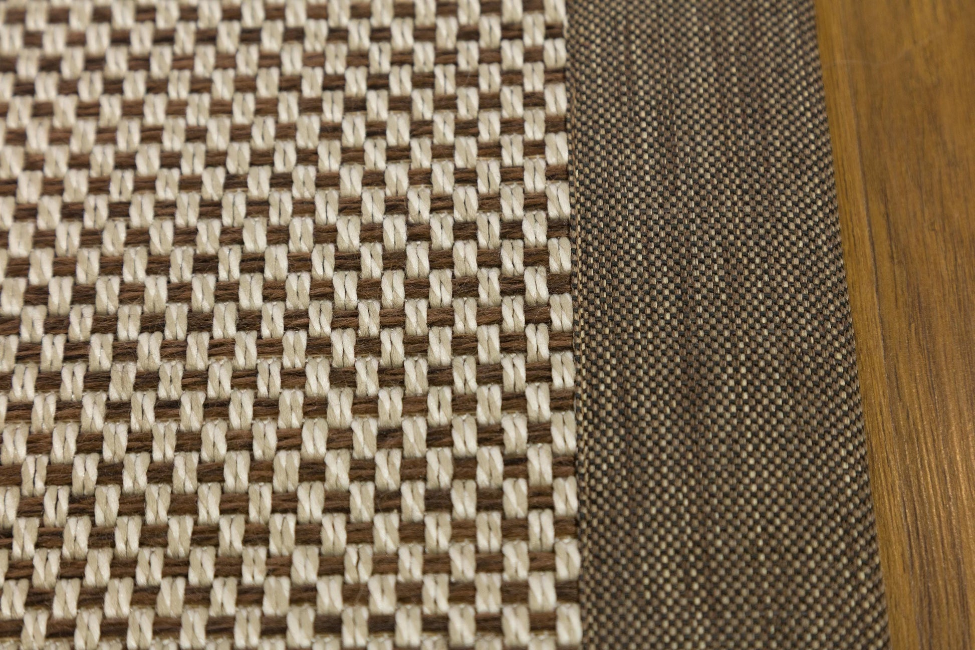 Modern Beige Flatweave Rug: Taupe Border, Checkered Texture, 5x7