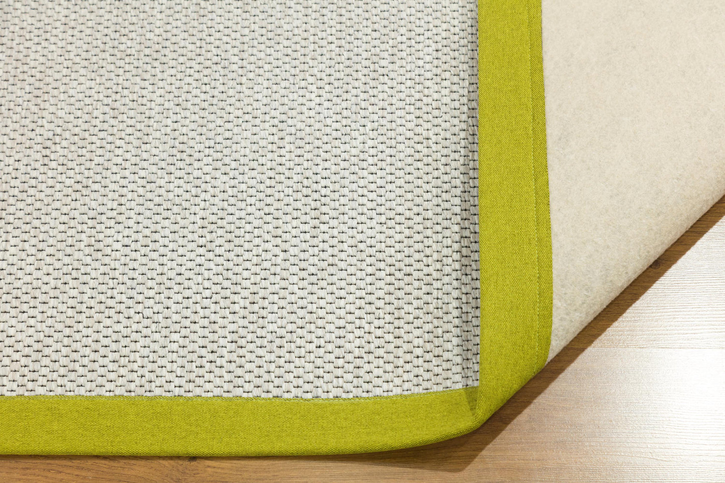 Modern Beige Outdoor Flatweave Rug: Lime Green Border, Contemporary Carpet