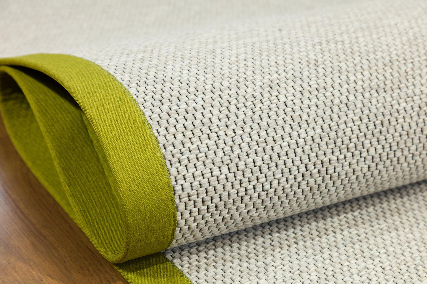 Modern Beige Outdoor Flatweave Rug: Lime Green Border, Contemporary Carpet