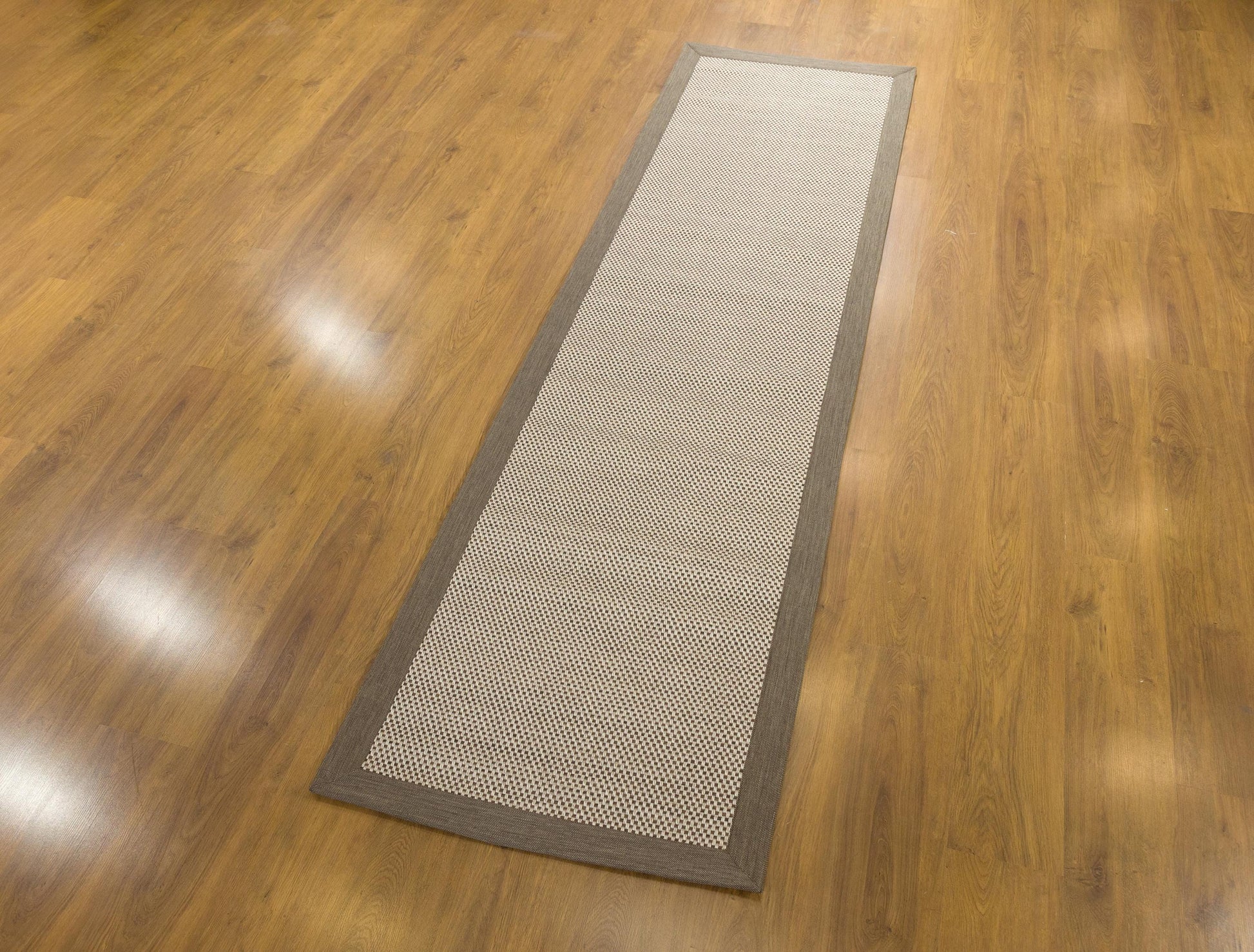 Modern Beige Runner Rug: Taupe Border, Contemporary Flatweave Carpet (3x10 ft.)