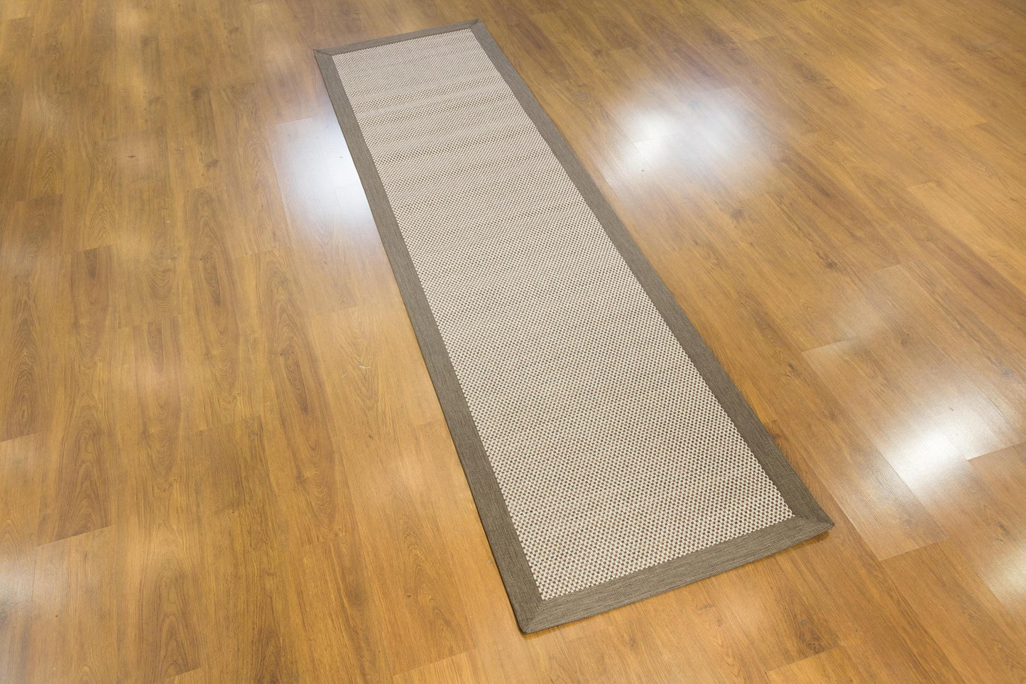 Modern Beige Runner Rug: Taupe Border, Contemporary Flatweave Carpet (3x10 ft.)