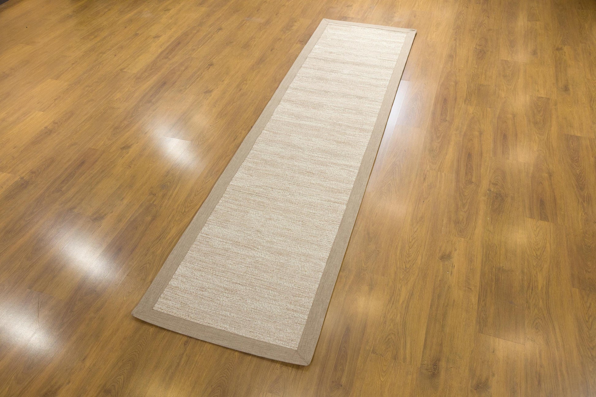 Beige Flatweave Runner Rug: Modern Minimalist Style, Light Brown Border