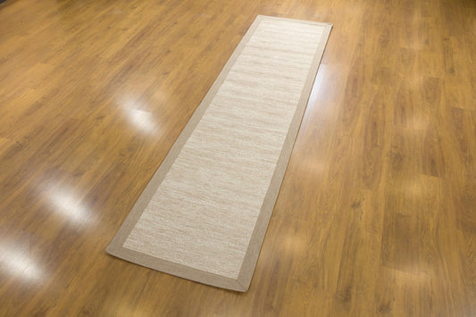 Beige Flatweave Runner Rug: Modern Minimalist Style, Light Brown Border